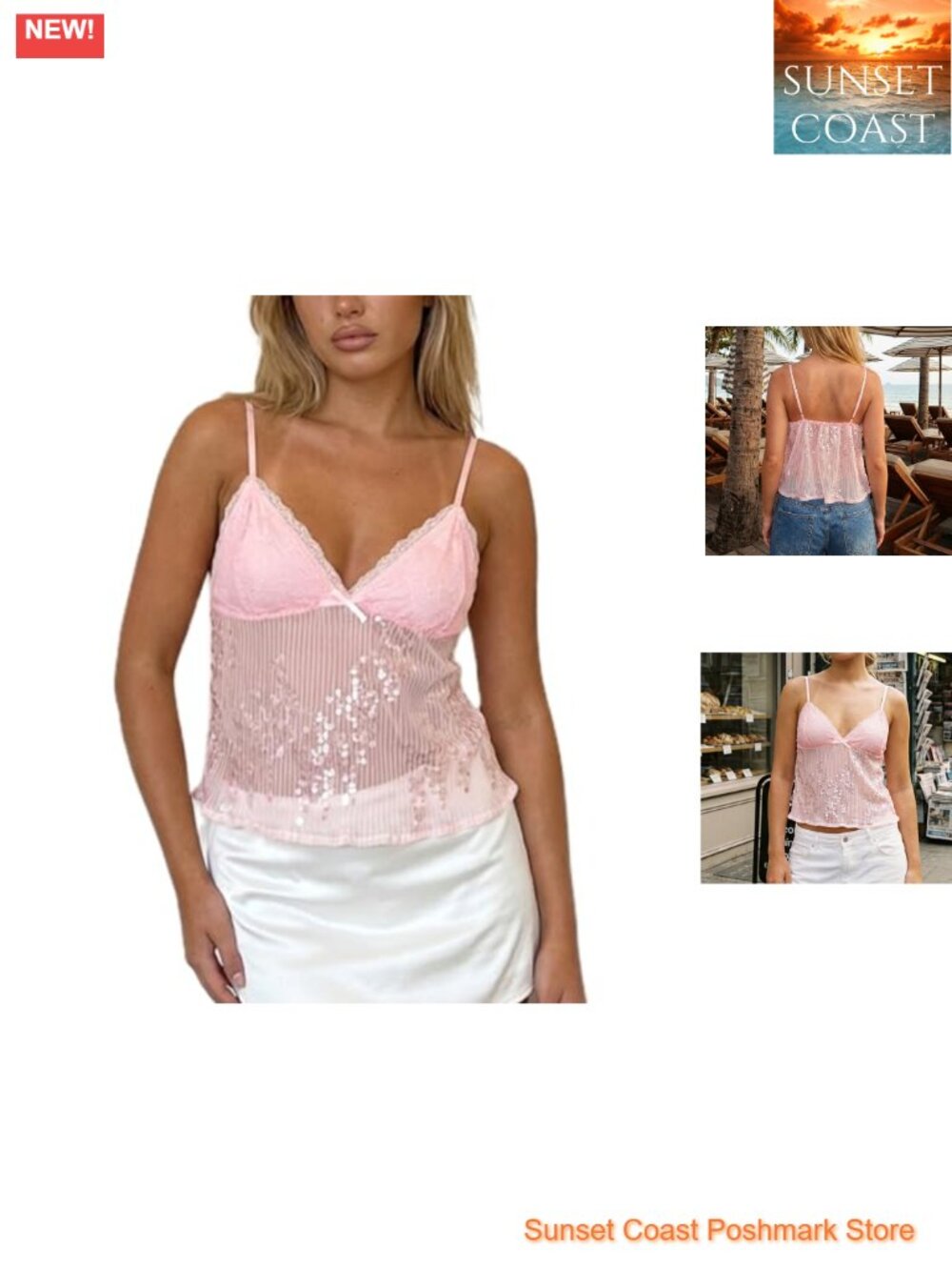Y2K Sequin Cami Top Sheer Backless Crop Tank Summer Sparkly Flowy